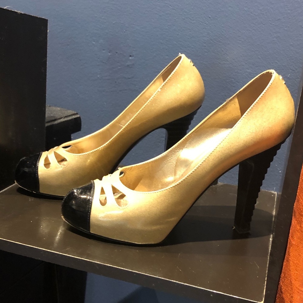 Authentic Black & Gold CHANEL Cap Toe Pumps